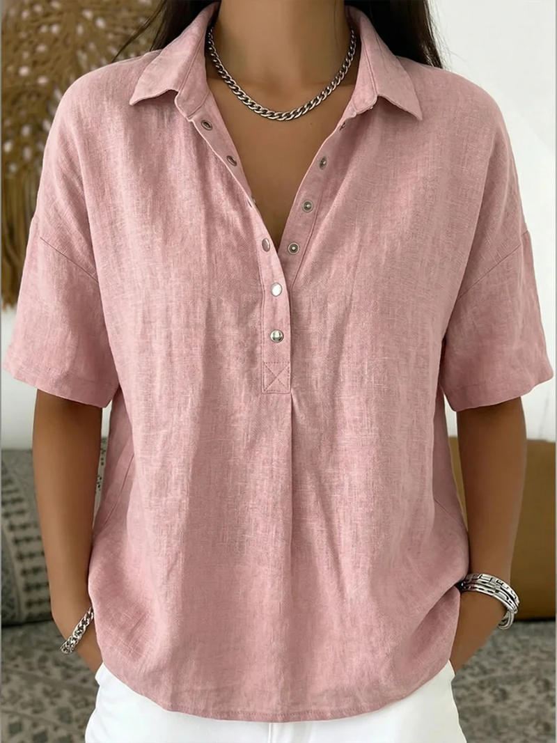 Dam Casual Skjorta med Knappkrage - Klassisk Stil - Rosa