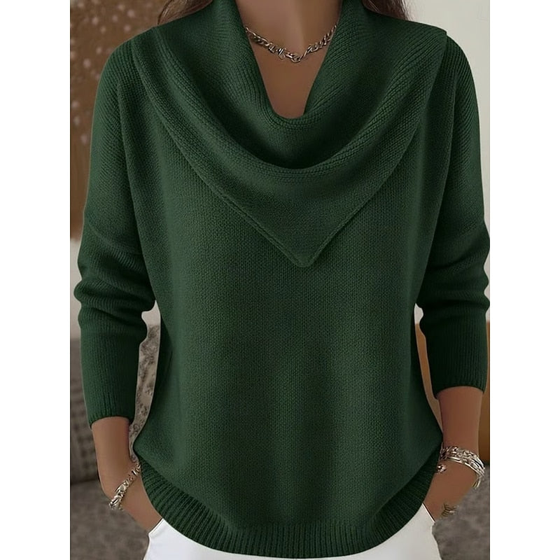Dam Cowl-Neck Stickad Tröja in grön, Elegant Draperingsdetalj
