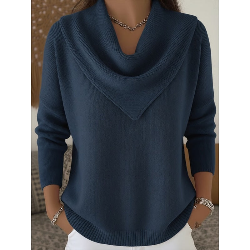 Dam Cowl-Neck Stickad Tröja in marinblå, Elegant Draperingsdetalj