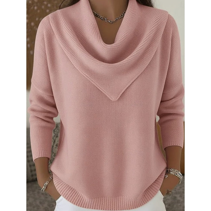 Dam Cowl-Neck Stickad Tröja in rosa, Elegant Draperingsdetalj