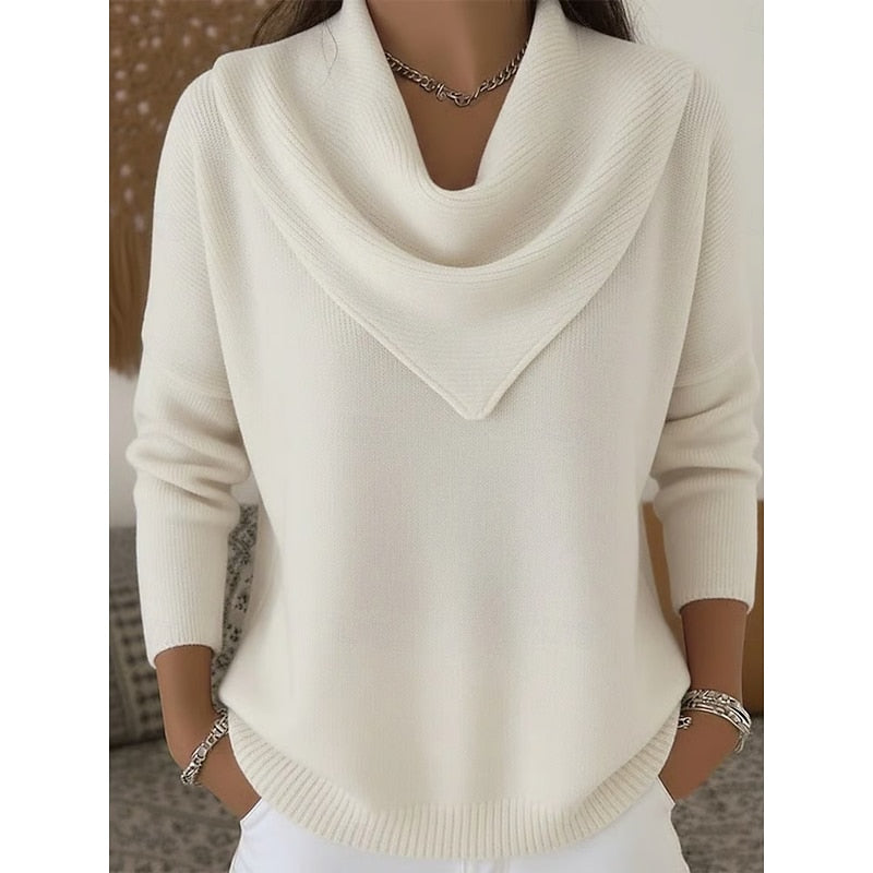 Dam Cowl-Neck Stickad Tröja in vit, Elegant Draperingsdetalj