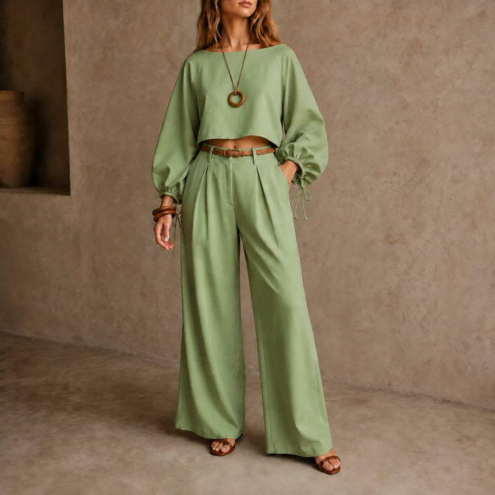 Dam Crop Top och vida byxor set in grön, Enfärgad