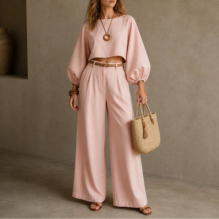 Dam Crop Top och vida byxor set in rosa, Enfärgad