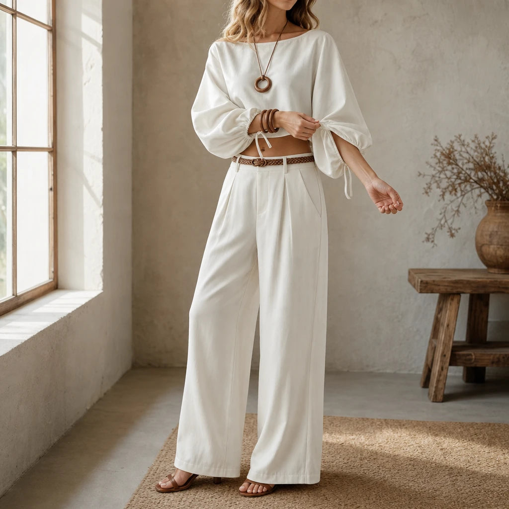 Dam Crop Top och vida byxor set - Enfärgad