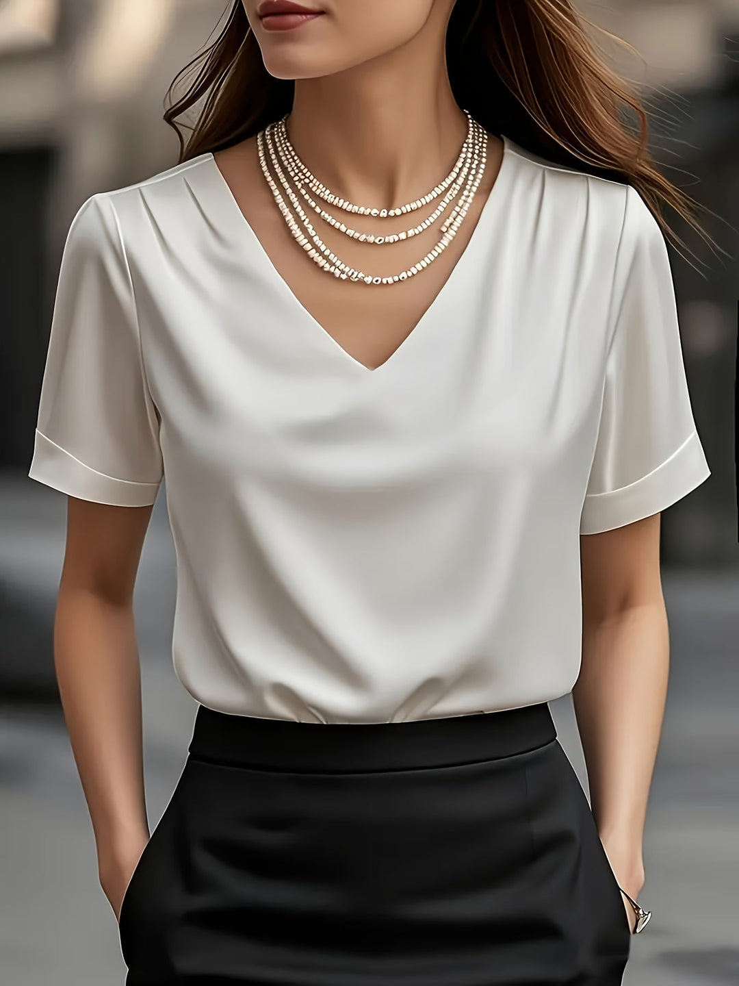 Dam Draperad V-ringning Blus - Elegant och Tidlös