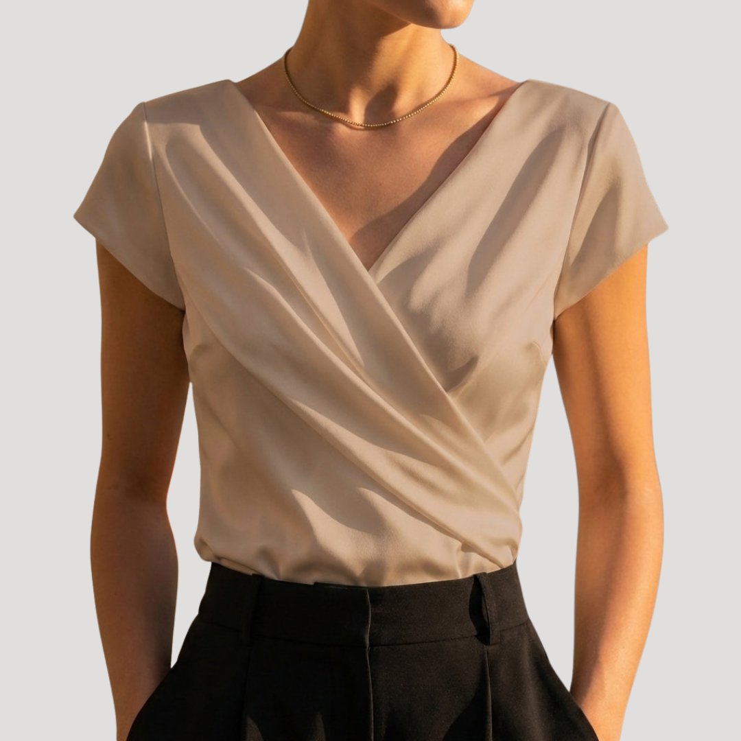 Dam Draperad Wickelblus med V-ringning in khaki, Elegant