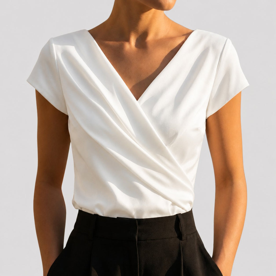 Dam Draperad Wickelblus med V-ringning in vit, Elegant