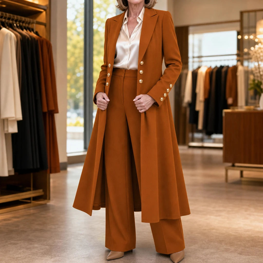 Dam Dubbelknäppt Långkappa och Byxdräkt in bränd orange, Minimalistisk