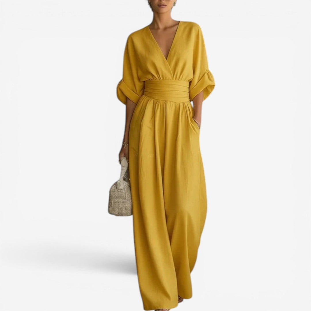 Dam Elegant Jumpsuit med Vida Ärmar - V-ringning - Gul