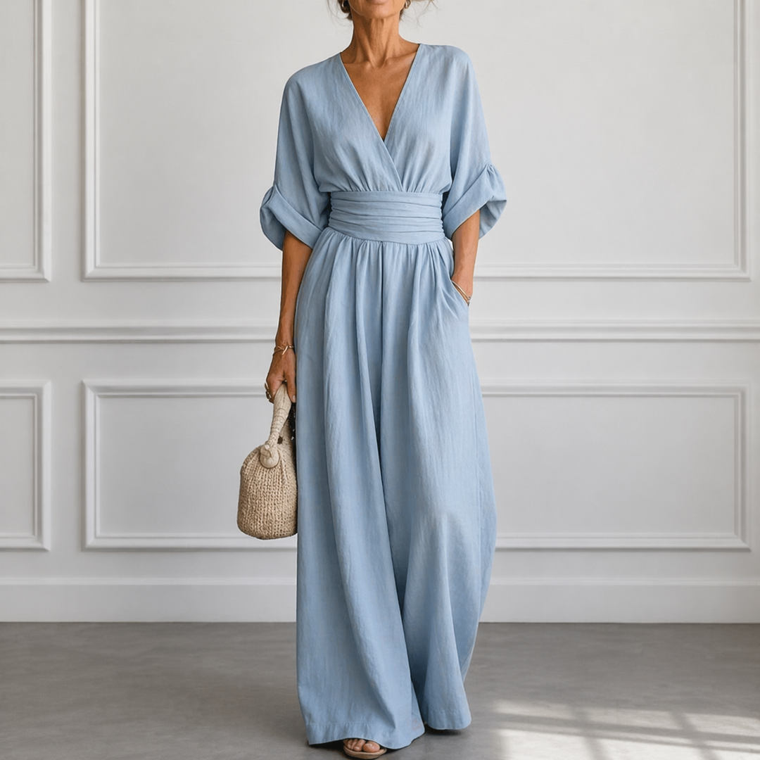 Dam Elegant Jumpsuit med Vida Ärmar - V-ringning - Ljusblå