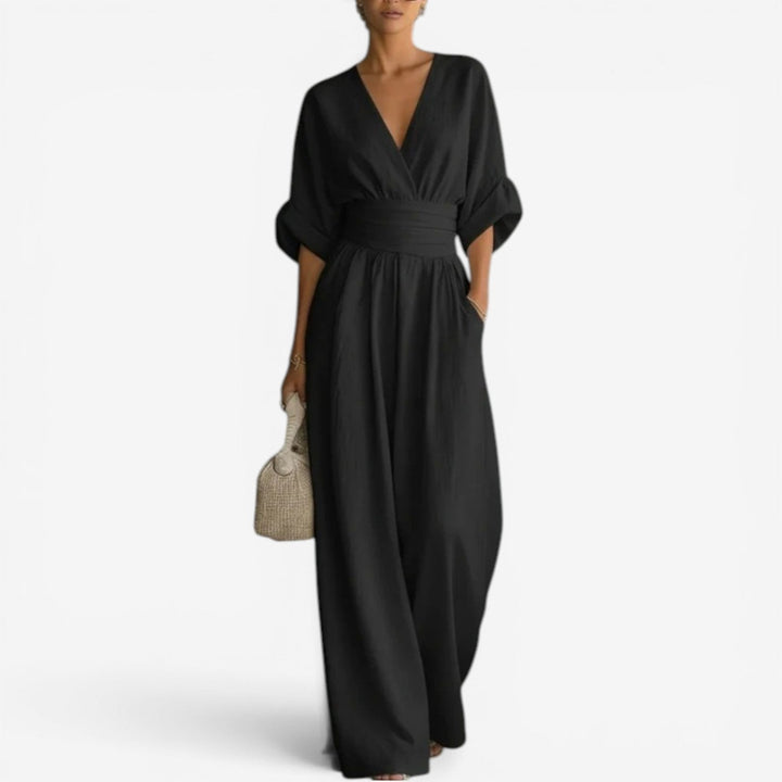 Dam Elegant Jumpsuit med Vida Ärmar - V-ringning - Svart