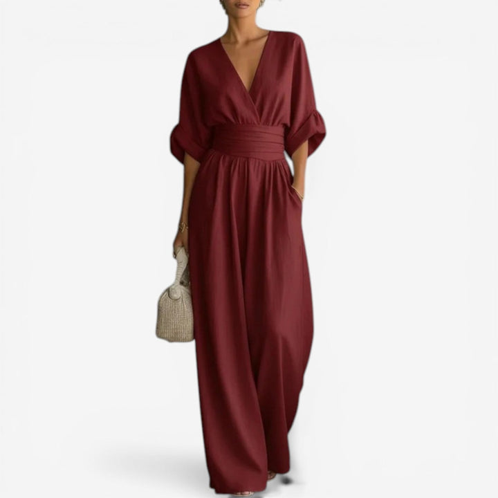 Dam Elegant Jumpsuit med Vida Ärmar - V-ringning - Vinröd