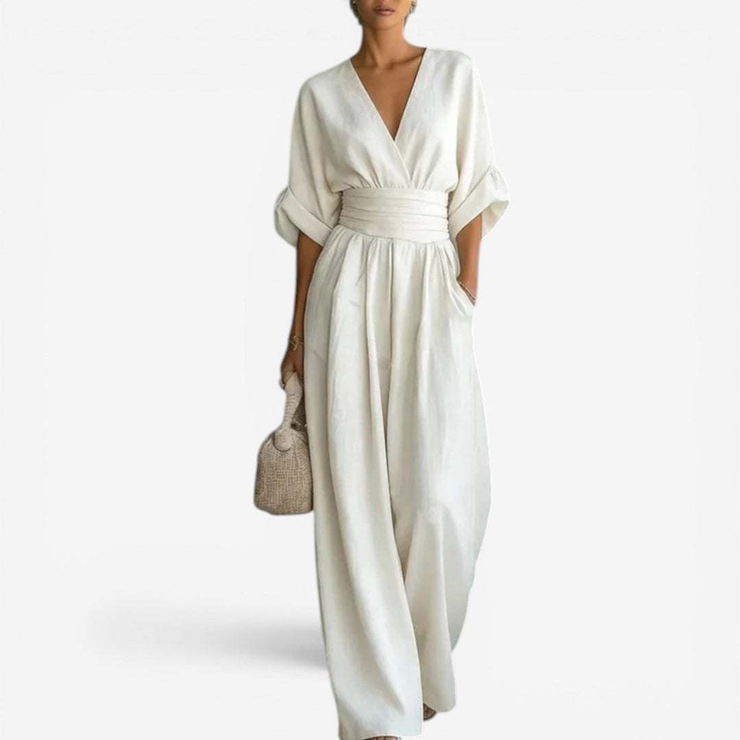Dam Elegant Jumpsuit med Vida Ärmar - V-ringning - Vit