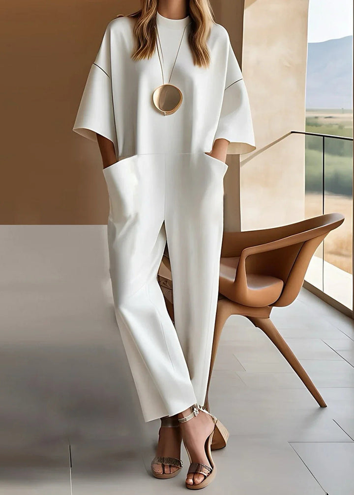 Dam Elegant Kortärmad Jumpsuit - Tidlös Stil - Vit