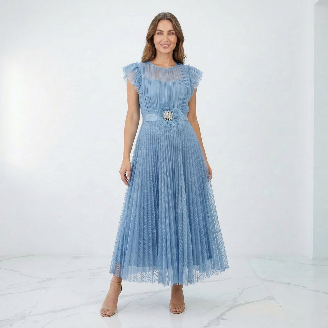 Dam Elegant Midi Klänning med Fladdermöss - Festlig - Blå