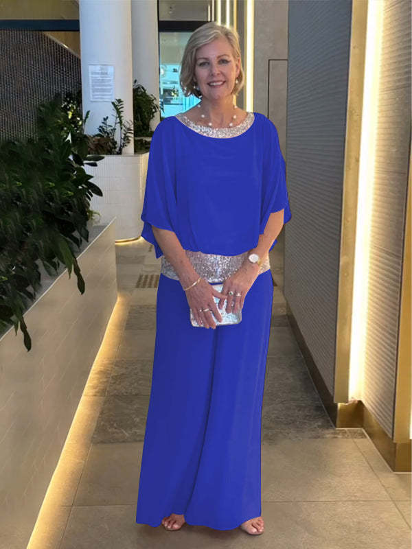 Dam Elegant Tvådelad Set - Glittrig Festkläder - Blå