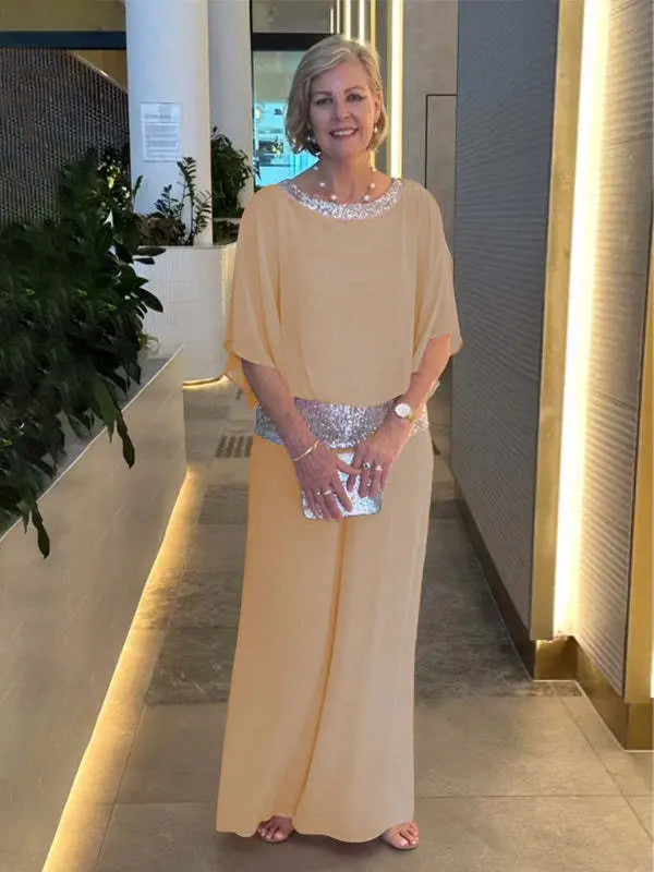 Dam Elegant Tvådelad Set - Glittrig Festkläder - Khaki