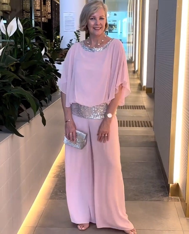 Dam Elegant Tvådelad Set - Glittrig Festkläder - Rosa