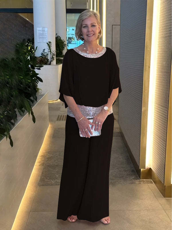 Dam Elegant Tvådelad Set - Glittrig Festkläder - Svart