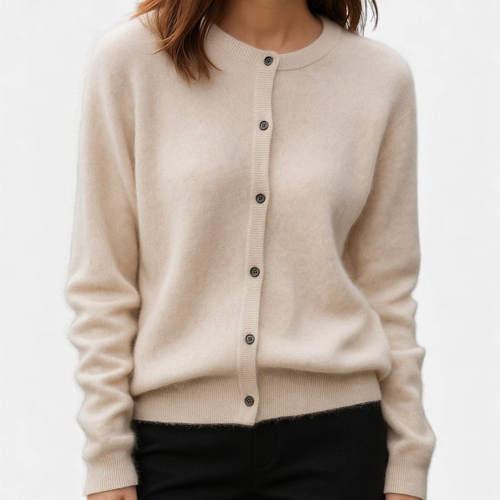 Dam Finmaskad Knappknäppt Cardigan in beige, Klassisk Stil