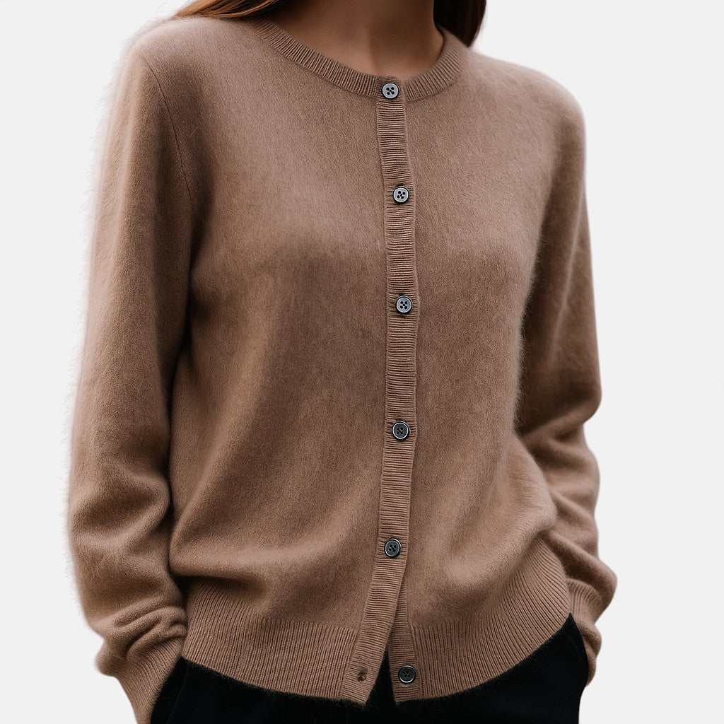 Dam Finmaskad Knappknäppt Cardigan in brun, Klassisk Stil