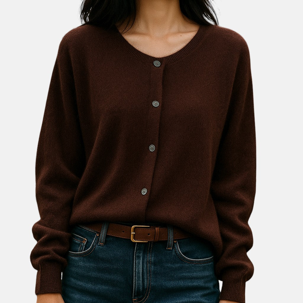 Dam Finmaskad Knappknäppt Cardigan in kaffe, Klassisk Stil