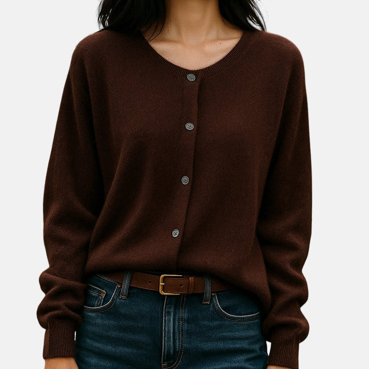 Dam Finmaskad Knappknäppt Cardigan in kaffe, Klassisk Stil