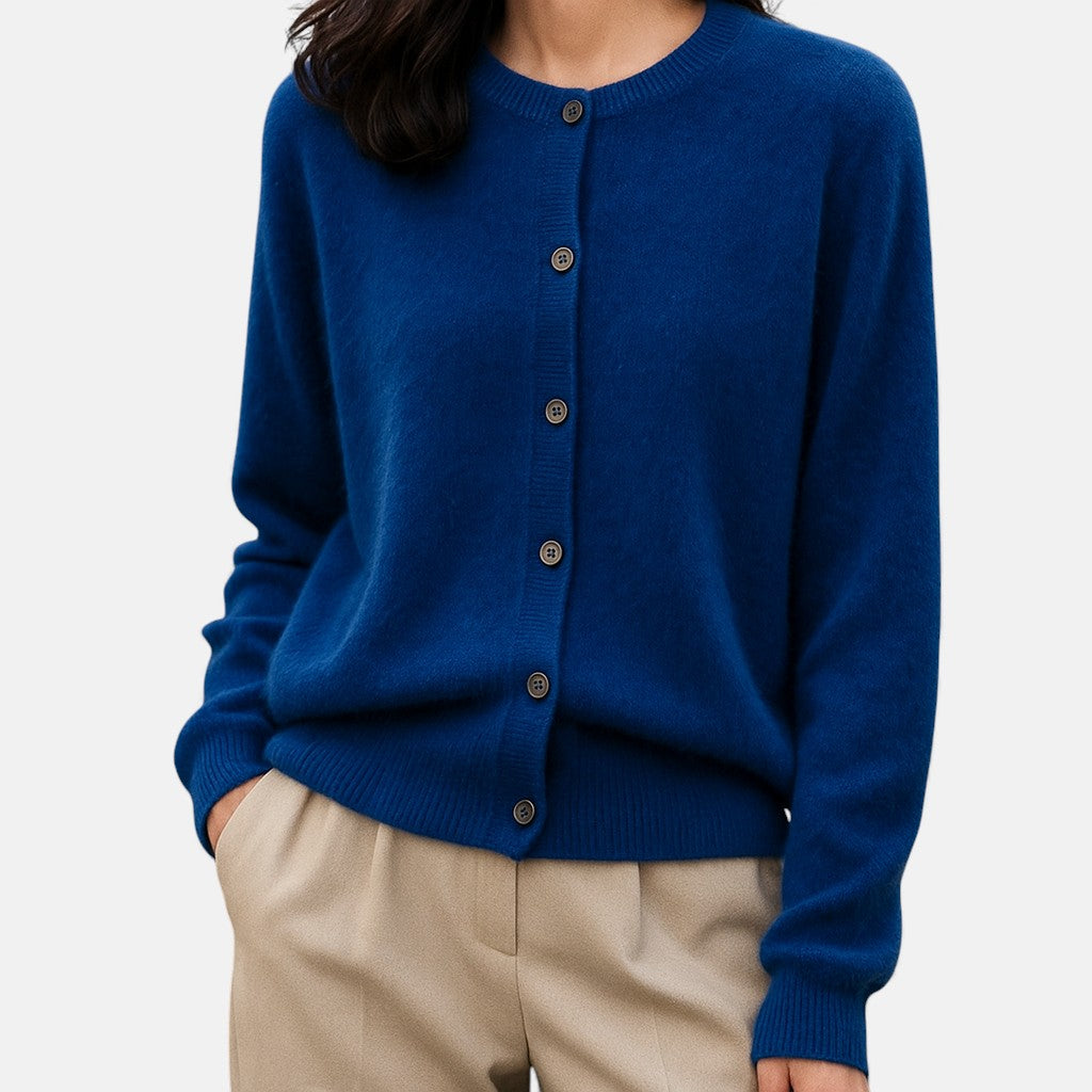 Dam Finmaskad Knappknäppt Cardigan in marinblå, Klassisk Stil