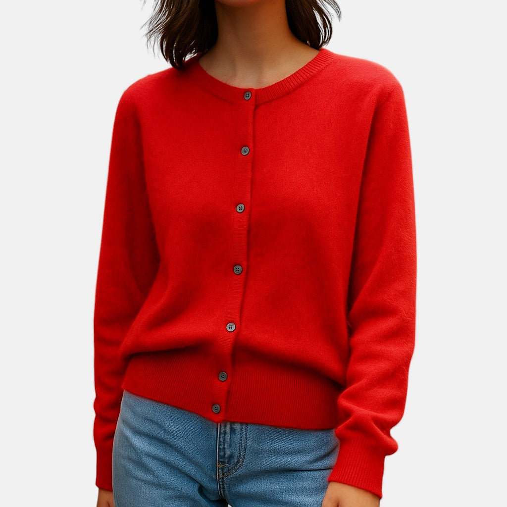 Dam Finmaskad Knappknäppt Cardigan in röd, Klassisk Stil