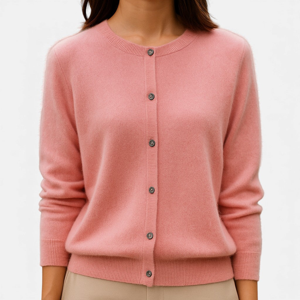 Dam Finmaskad Knappknäppt Cardigan in rosa, Klassisk Stil