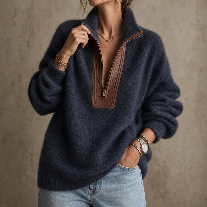 Dam Fuzzy Contrast-Trim Halvzip Tröja in marinblå, Mysig Vardagsstil
