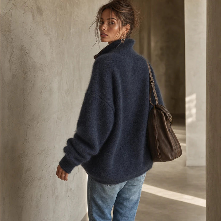 Dam Fuzzy Contrast-Trim Halvzip Tröja - Mysig Vardagsstil