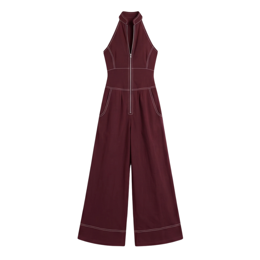 Dam Halterneck Jumpsuit - Skuren midja och elegant snitt - Vinröd