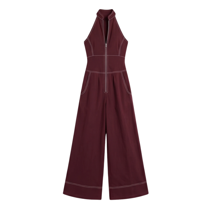 Dam Halterneck Jumpsuit - Skuren midja och elegant snitt - Vinröd