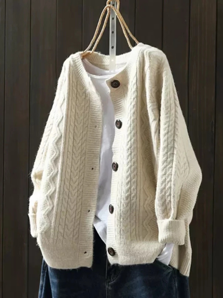 Dam Kabelstickad Cardigan in beige, Klassisk Knäppning