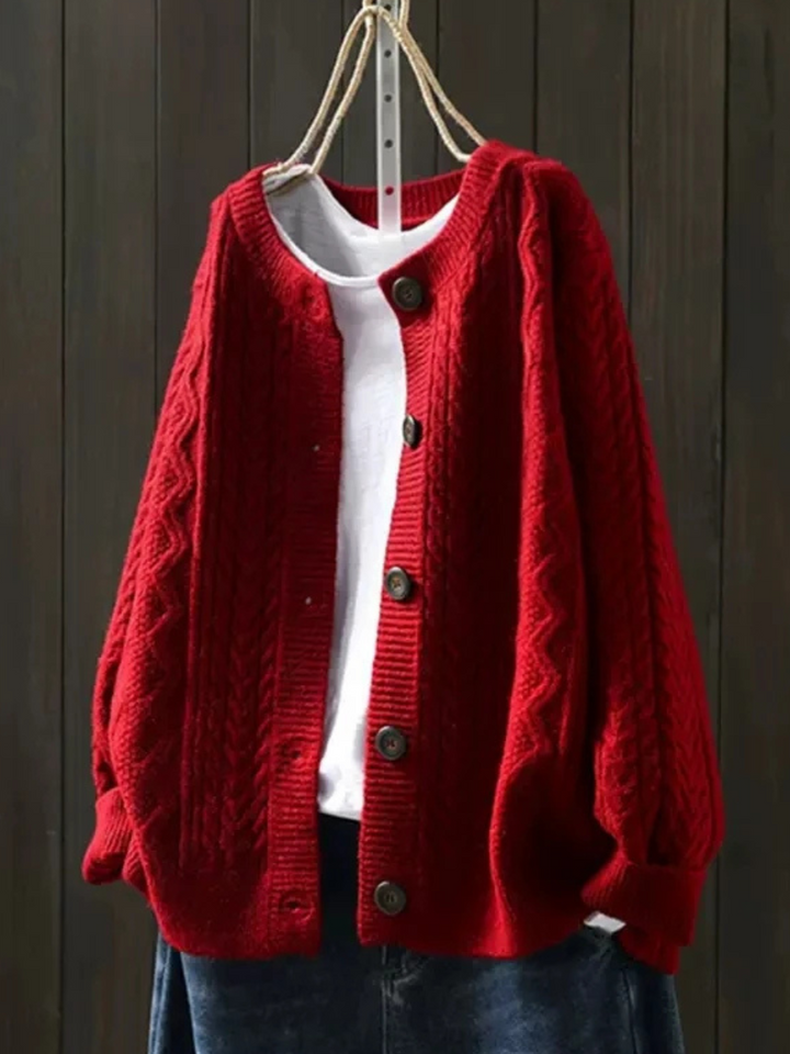 Dam Kabelstickad Cardigan in röd, Klassisk Knäppning