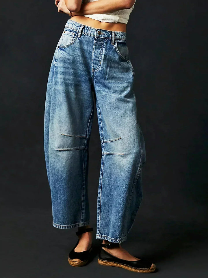 Dam Leopardmönstrad Vida Bendjeans – Högt Midja Barrel Passform - Blå