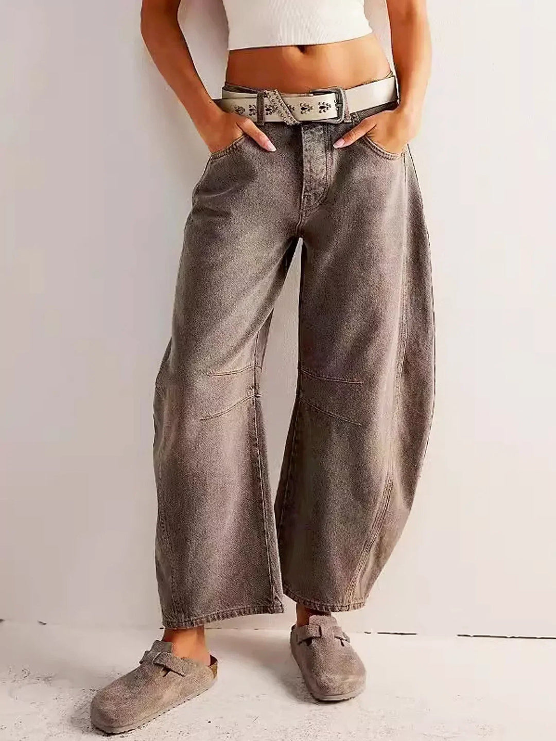 Dam Leopardmönstrad Vida Bendjeans – Högt Midja Barrel Passform - Brun