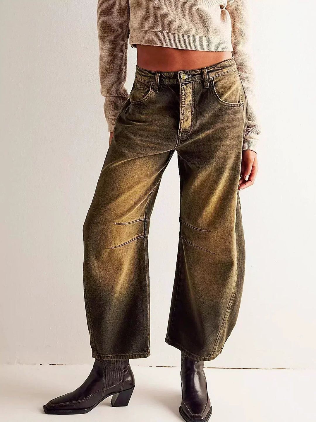 Dam Leopardmönstrad Vida Bendjeans – Högt Midja Barrel Passform - Ljus Brun