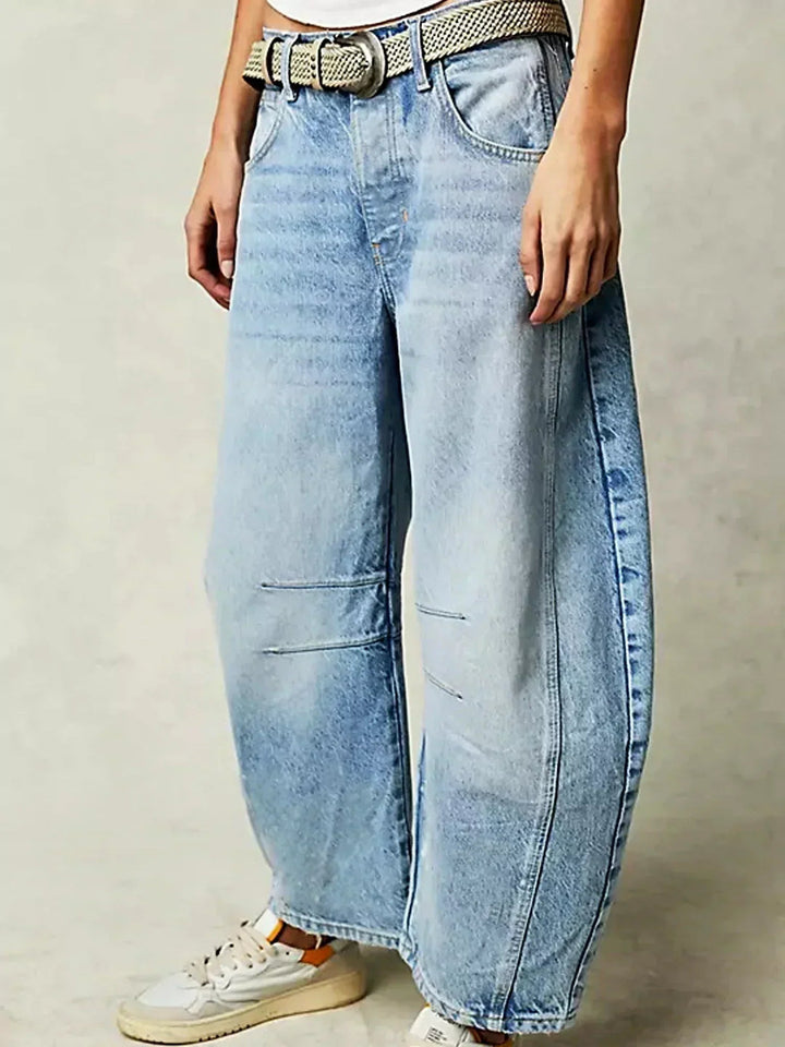 Dam Leopardmönstrad Vida Bendjeans – Högt Midja Barrel Passform - Ljusblå