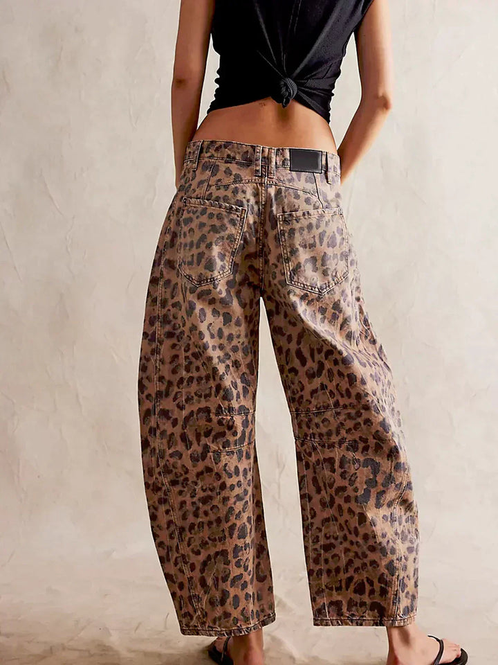 Dam Leopardmönstrad Vida Bendjeans – Högt Midja Barrel Passform