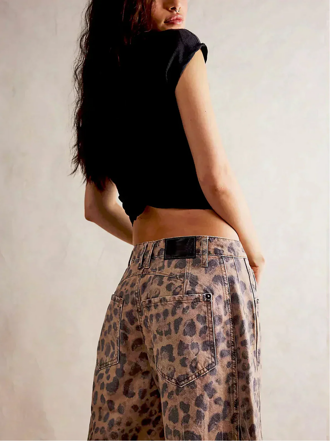 Dam Leopardmönstrad Vida Bendjeans – Högt Midja Barrel Passform