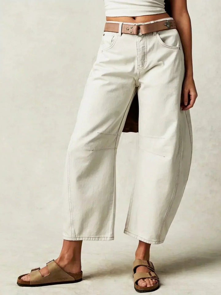 Dam Leopardmönstrad Vida Bendjeans – Högt Midja Barrel Passform - Vit