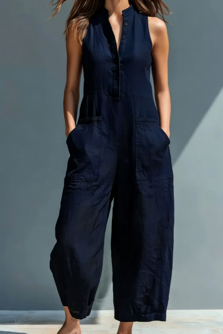 Dam Linne-Blandning Stehkrage Sleeveless Jumpsuit - Avslappnad Sommars - Marinblå