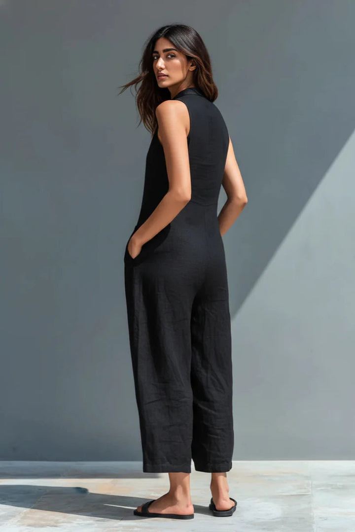 Dam Linne-Blandning Stehkrage Sleeveless Jumpsuit - Avslappnad Sommars