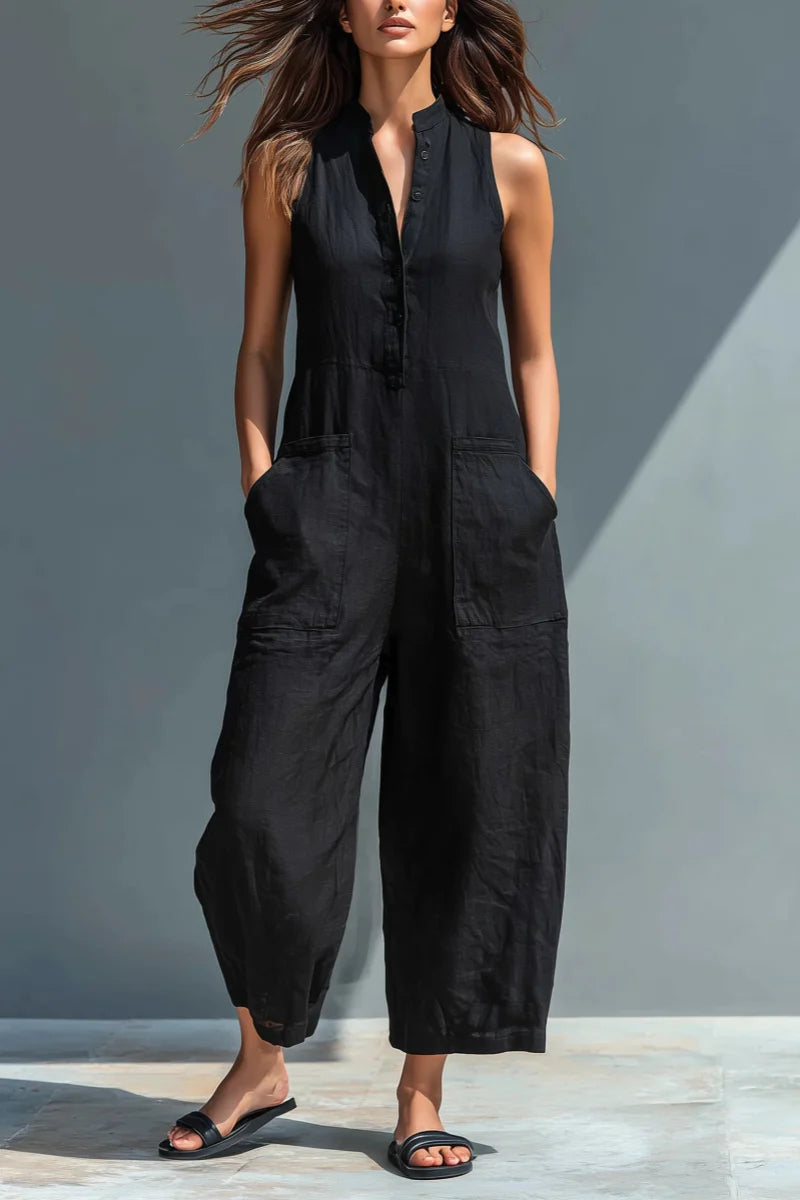 Dam Linne-Blandning Stehkrage Sleeveless Jumpsuit - Avslappnad Sommars