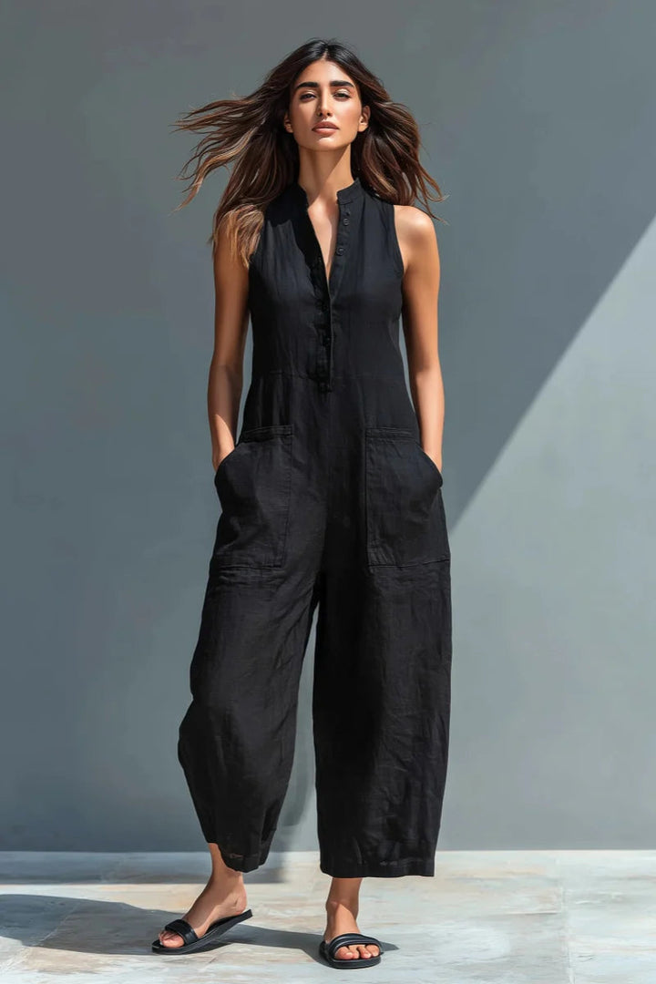 Dam Linne-Blandning Stehkrage Sleeveless Jumpsuit - Avslappnad Sommars - Svart