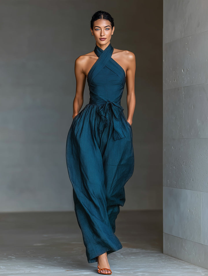 Dam Linne Jumpsuit med Korsrygg - Marinblå - Marinblå