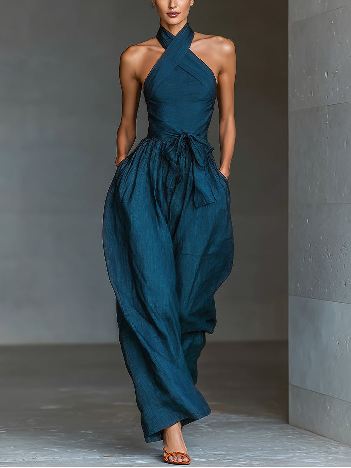 Dam Linne Jumpsuit med Korsrygg - Marinblå