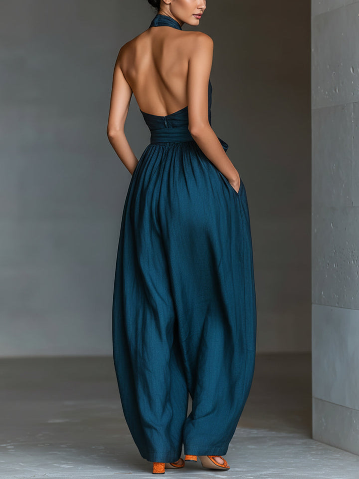 Dam Linne Jumpsuit med Korsrygg - Marinblå